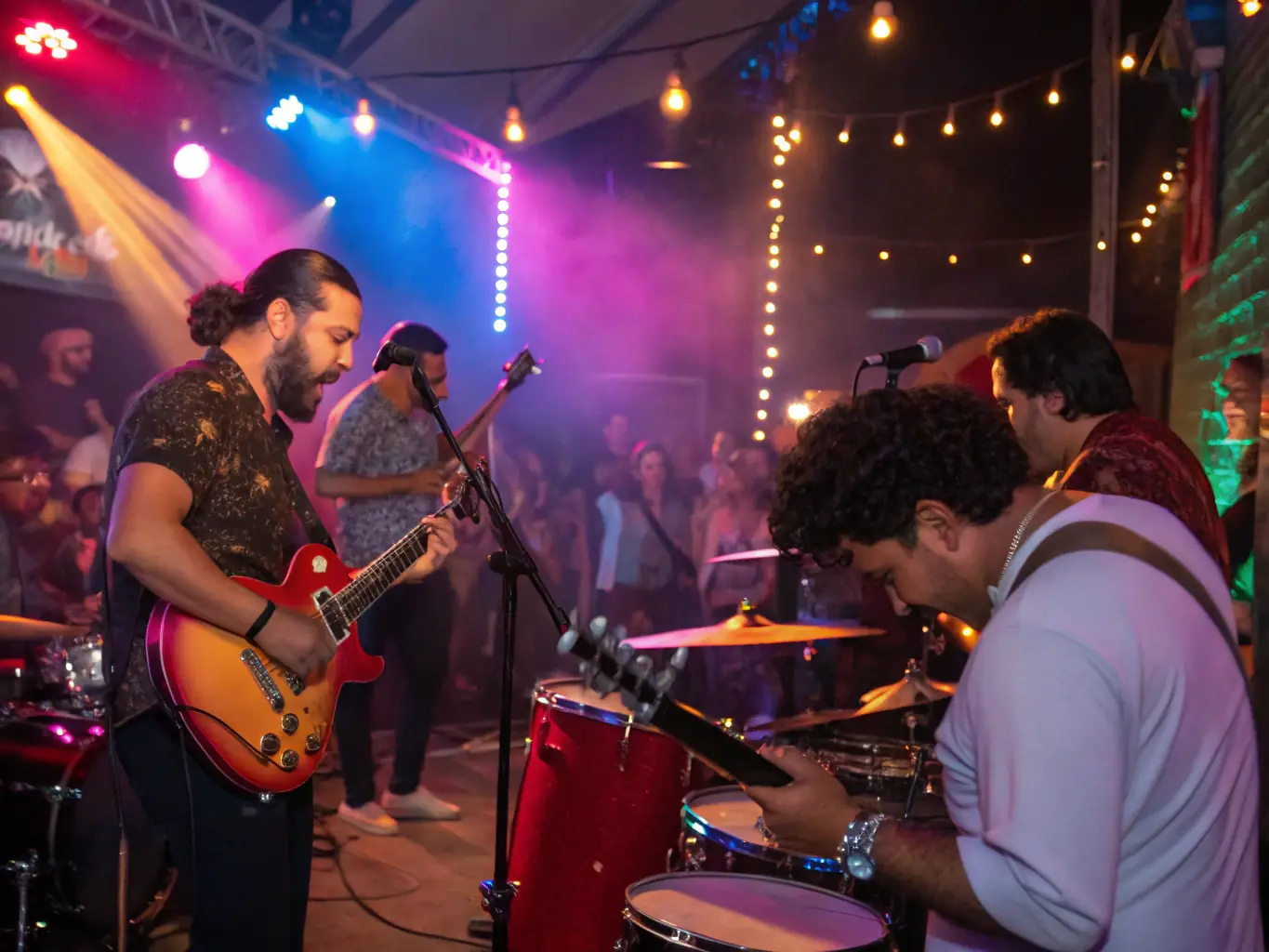 A vibrant concert scene with young musicians performing on stage, showcasing the energy and passion of SCHERZO's concert series for the public.