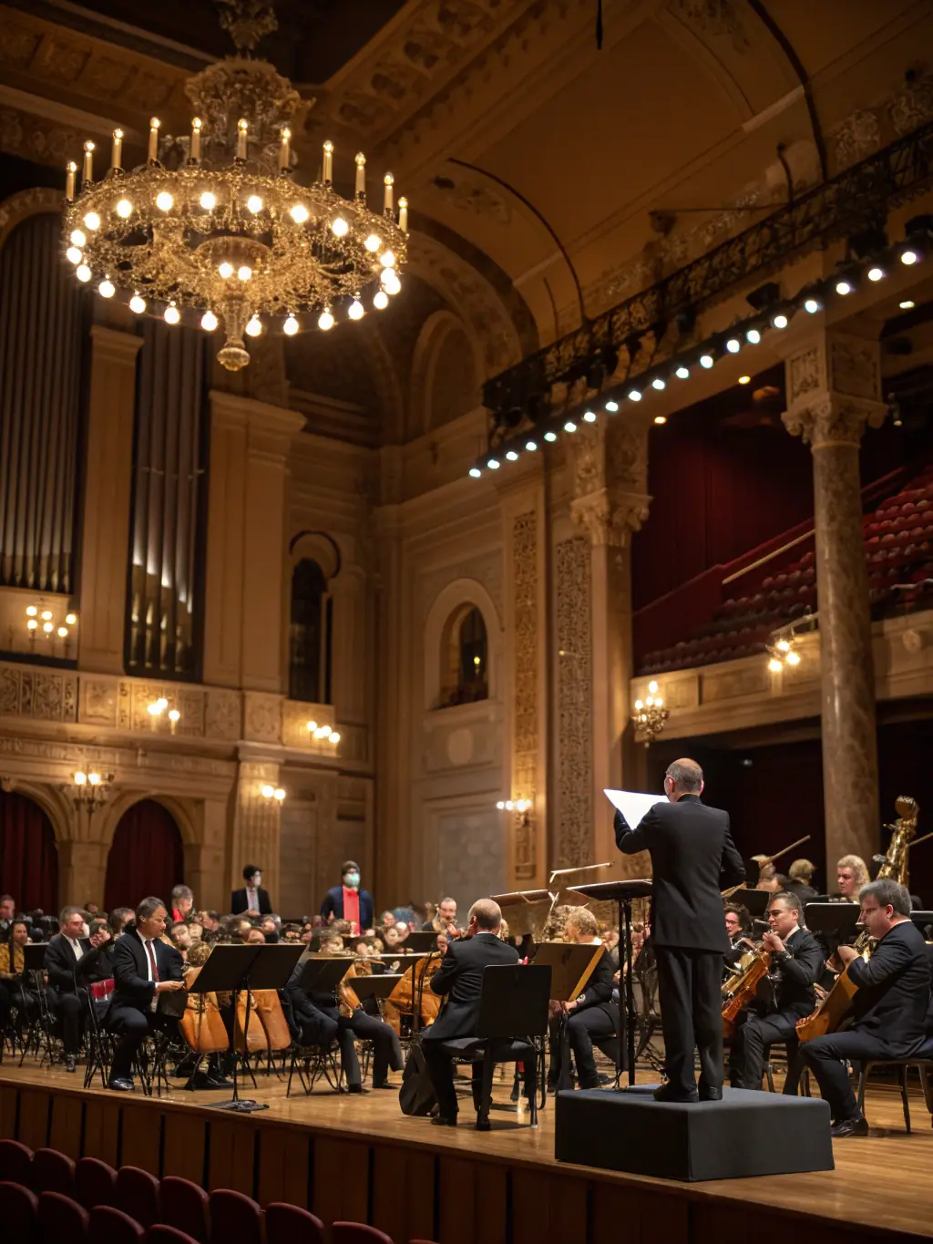 A vibrant photograph capturing the energy of a SCHERZO concert, featuring a string quartet performing on stage with enthusiastic audience members in the background, showcasing the Concert Series for the Public.